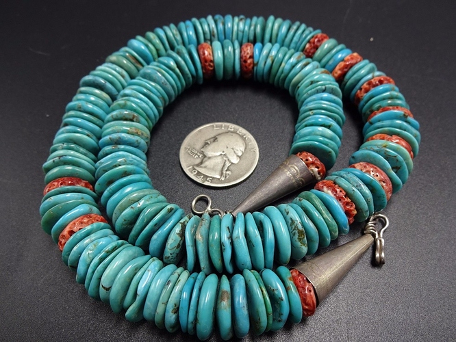 Vintage%20KEWA%20Sterling%20Silver%20SPONGE%20CORAL%20TURQUOISE%20Disc%20Bead%20NECKLACE%20