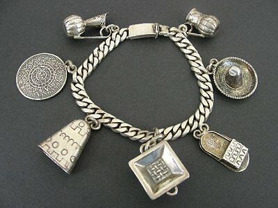 Vintage Mexican 7 Charms Bracelet Cartelan Sterling Silver 925 XLg